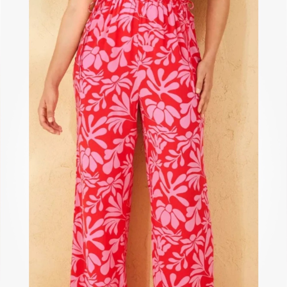 Shade & Shore Red and Pink Floral Swim Coverup Pants small 4-6 pull on